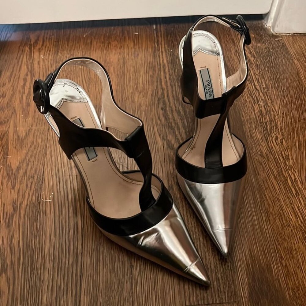 Prada Silver Pointed Toe Heels